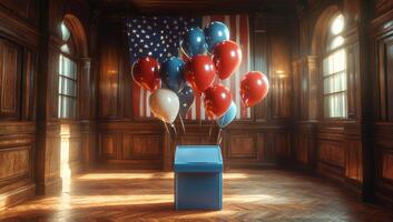 Colorful balloons near voting box in historic hall. A collection of red, white, and blue balloons surrounds a blue voting box in an elegant hall decorated with an American flag. photo