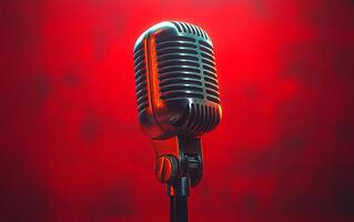 Vintage microphone with dramatic red background. A classic microphone stands alone against a vibrant red backdrop, creating a striking focal point in a performance setting. photo