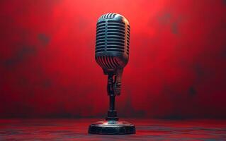 Vintage mic on red backdrop. A classic vintage microphone is featured prominently against a vibrant red background, capturing a nostalgic and artistic vibe. photo