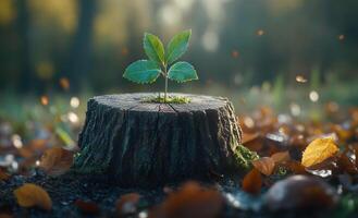 New life from a stump in autumn woods. A small green plant emerges from a tree stump surrounded by fallen leaves in a serene, autumn forest setting. photo