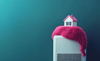 Cozy home concept with a house on a heater. A small house model wrapped in a pink knitted blanket sits atop a heater, symbolizing warmth and comfort in a cool environment. photo