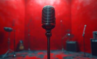 Lonely vintage mic in a bright studio. A vintage microphone is prominently displayed in a vibrant red studio, creating an inviting atmosphere for music recording. photo