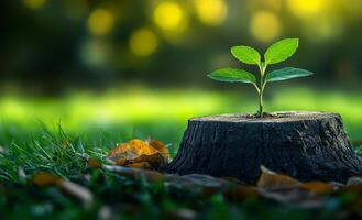 New life emerging from a tree stump in springtime. A small green plant grows from a tree stump surrounded by colorful leaves, highlighting nature's resilience and renewal in spring. photo
