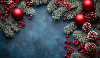 Christmas arrangement with pine and ornaments. A festive arrangement features pine branches, red ornaments, and pine cones against a dark blue background, creating a holiday atmosphere. photo