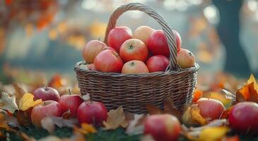 Apples in a basket on autumn leaves. A woven basket filled with ripe apples sits on colorful autumn leaves, showcasing the beauty of fall harvest at a serene location. photo