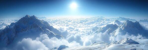 Majestic snow-capped mountains above the clouds. Above the clouds, snow-covered peaks reflect sunlight, creating a breathtaking view of nature's grandeur at midday. photo