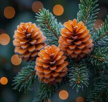 Frost-covered pine cones on a winter evening. Pine cones with a frosty coating rest on evergreen branches, illuminated by warm bokeh lights during a quiet winter evening. photo