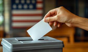 Casting a ballot in a local voting booth. A hand places a ballot into a gray voting box in a polling station with an American flag in the background. photo