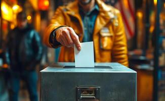 Voter at local polling station. A person in a yellow jacket casts their vote into a ballot box in a busy polling station on election day. photo