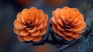 Orange pine cones on autumn branch. Two vibrant orange pine cones rest delicately on a tree branch during the crisp autumn season, showcasing their unique texture and shape. photo