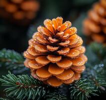 Dewy pine cone on a rainy morning. A pine cone rests on evergreen branches, glistening with droplets of dew after a refreshing rainfall in the early morning light. photo
