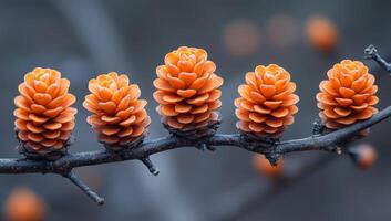 Orange pine cones on a branch in autumn. Five vibrant orange pine cones grow closely together on a branch, showcasing their unique texture against a blurred background. photo