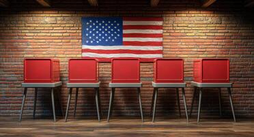 Voting booths set up in a rustic hall with a flag. Red voting booths are arranged neatly in a spacious hall, featuring a backdrop of an American flag against brick walls. photo
