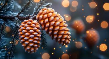 Snow-dusted pine cones hanging on a frosty branch. Two vibrant pine cones hang from a snowy branch, sparkling in winter light amidst a blurred backdrop of glowing bokeh. photo