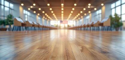 Spacious hall at sunset with flags. A vast, illuminated hall showcases polished wooden floors and rows of chairs, highlighted by glowing lights and an American flag backdrop. photo