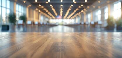 A sunny afternoon in a spacious indoor area. Sunlight floods a large indoor space with polished floors, highlighting tables and a welcoming atmosphere filled with plants. photo