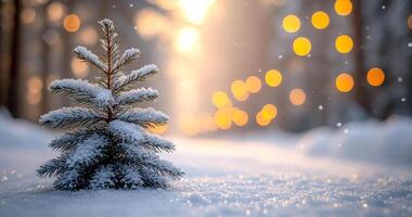 Snow-covered tree with warm lights at sunset. A small tree blanketed in snow stands against a backdrop of warm, glowing lights during sunset in a winter wonderland. photo