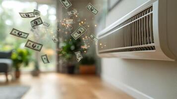 Cash blowing from AC in living room. Dollar bills are swirling around an air conditioning unit in a modern living room, creating a whimsical financial illusion. photo