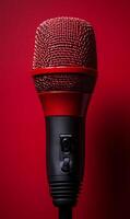 Red microphone on bold background. The red microphone stands against a striking red wall, highlighting its texture and design, perfect for a performance or recording. photo
