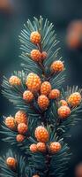 Pine tree branch with orange cones in soft light. A close-up of a pine tree branch adorned with vibrant orange cones, captured in softly diffused light, highlighting natures beauty. photo