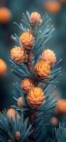 Vibrant orange cones on a coniferous tree branch. A close-up view of bright orange cones blooming on a conifer tree branch, showcasing nature's beauty in a serene environment. photo