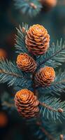 Beautiful pine cones on a branch in early autumn. Four pine cones rest on a branch of evergreen, showcasing their intricate patterns against a blurred background in autumn. photo