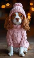Cute dog in a cozy pink sweater and hat indoors. A small dog with floppy ears wears a pink knitted sweater and hat, sitting adorably in a warm, softly lit indoor setting. photo