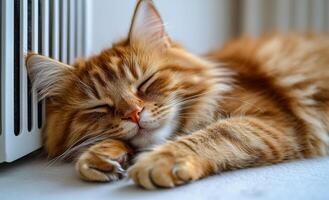 Orange cat napping by the heater. A fluffy orange cat naps peacefully next to a heater, enjoying the warmth and bright sunlight streaming in through the window. photo