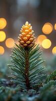 Pine cone on branch with blurred lights. A pine cone sits atop a tree branch illuminated by soft, glowing lights in the background, creating a serene atmosphere. photo