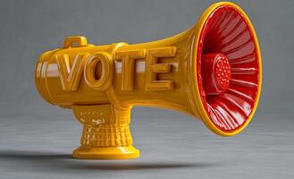 Yellow megaphone highlights voting importance. A vibrant yellow megaphone with VOTE boldly displayed, promoting civic engagement in a modern setting. photo