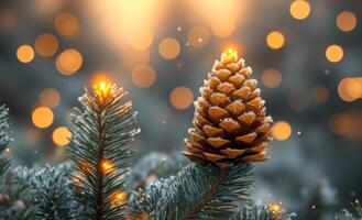 Cozy winter night with glowing pine cones. A beautiful winter setting featuring illuminated pine cones amidst snowy branches, creating a warm, festive atmosphere. photo