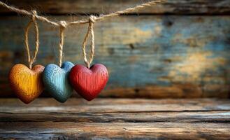 Three wooden hearts hanging from a rope on a wooden background. The hearts are of different colors and sizes, and they are hanging at different heights. Concept of warmth and love photo