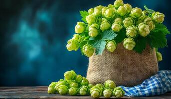 A bunch of green leaves and flowers are in a basket on a table. The basket is covered with a blue and white checkered cloth photo