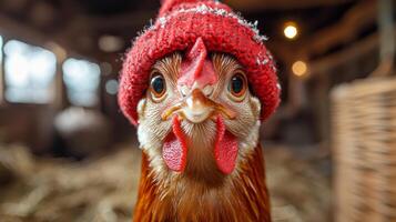 A chicken wearing a red hat is staring at the camera. The hat is made of wool and has a red and white pattern. The chicken appears to be in a barn or a similar enclosed space photo