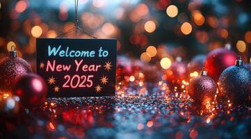 A sign that says welcome to new year 2025 is hanging from a tree. The sign is surrounded by many red and blue Christmas ornaments photo