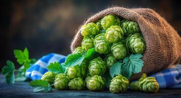 A bunch of green cabbages are in a bag. The bag is on a table photo