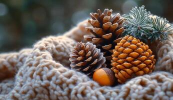 A cozy scene with pine cones and acorns on a blanket. The pine cones are brown and the acorns are orange. The blanket is knitted and the pine cones are scattered around it photo