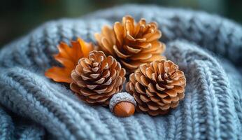 Three pine cones are on a blanket with a snowflake and an acorn. The pine cones are brown and the blanket is gray. The scene has a cozy and warm feeling photo