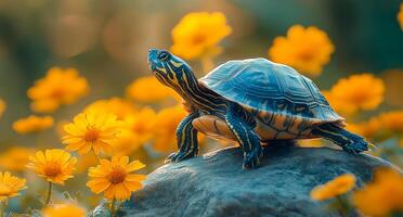A turtle is standing on a rock in a field of yellow flowers. The scene is peaceful and serene, with the turtle being the only living creature in the image photo