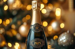A bottle of champagne with the year 2025 on it. The bottle is sitting on a table next to a Christmas tree photo