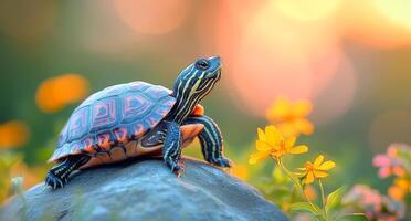 A baby turtle is standing on a rock in a field of flowers. The turtle is surrounded by yellow flowers, which give the scene a bright and cheerful mood photo