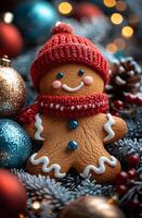 A gingerbread man with a red hat and scarf is sitting on a Christmas tree. The tree is decorated with many ornaments, including a few red balls photo