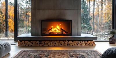 A fireplace with a large log pile in front of it. The logs are stacked in a way that they are not touching the fireplace. The fireplace is lit and the logs are burning. The room has a cozy photo