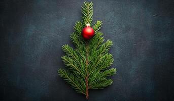 A Christmas tree with a red ornament hanging from a branch. The tree is surrounded by a dark background photo