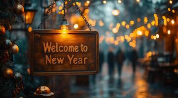 A sign hanging from a chain that says welcome to new year. The sign is hanging from a tree and is surrounded by lights photo