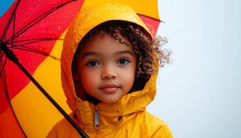 A young girl is standing under a colorful umbrella, looking up at the camera. The umbrella is red, yellow, and blue, and it is raining. The girl appears to be enjoying the rain photo