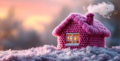 A pink house with a chimney and a window. The house is made of yarn and is sitting on a field of grass photo