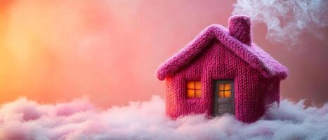 A pink house is sitting on a cloud of white snow. The house is covered in a knitted blanket, giving it a cozy and warm appearance. Concept of comfort and warmth. Warm house photo