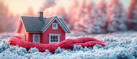A small red house is sitting on a snowy field. The house is surrounded by a red blanket, which is made of a fuzzy material. Concept of comfort and warmth. Warm house photo
