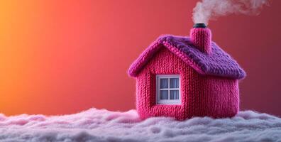 A small red house with a chimney on top. The house is made of knitted material and is sitting on a pile of snow. Concept of comfort and warmth. Warm house photo